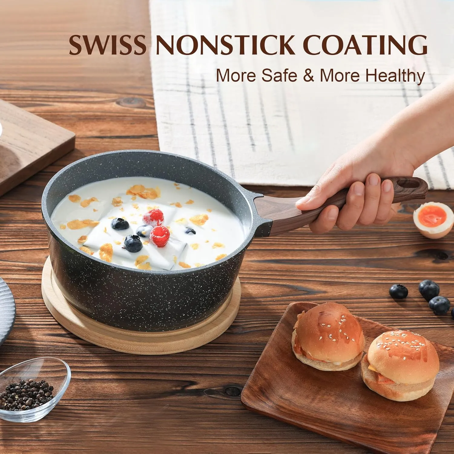 SENSARTE Nonstick Saucepan with Lid, 2.0 Quarts Small Pot with Swiss Granite Coating, Stay-cool Handle, Multipurpose Handy Sauce Pot Small Kitchen Cooking Pot, Induction Comptable, PFOA Free