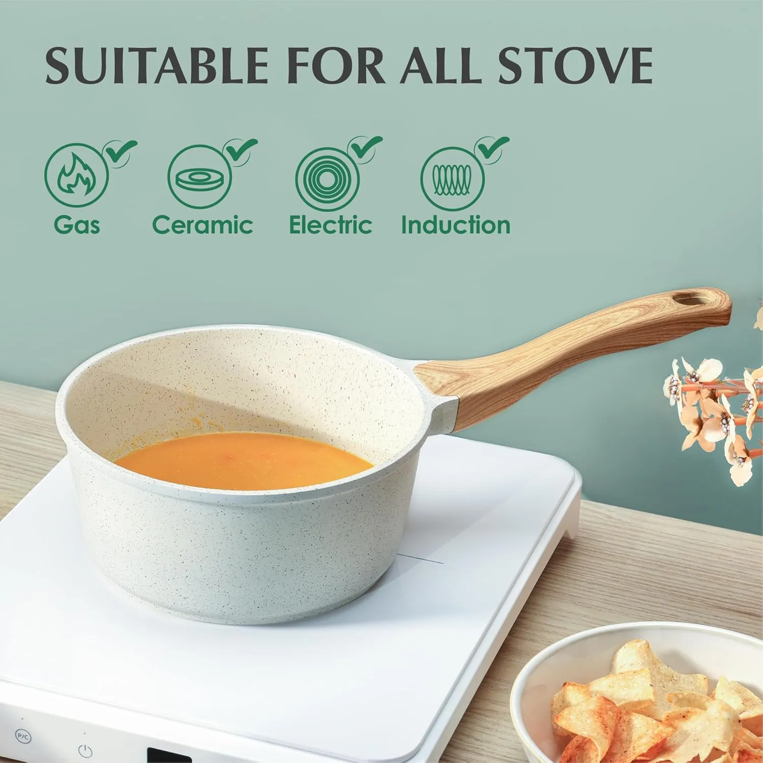 SENSARTE White Ceramic Nonstick Saucepan with Lid 2.0 Quarts, Small Cooking Pot with Stay Cool Handle, Induction Compatible Saucepot, White Granite Coating, PFOA/PFAS Free