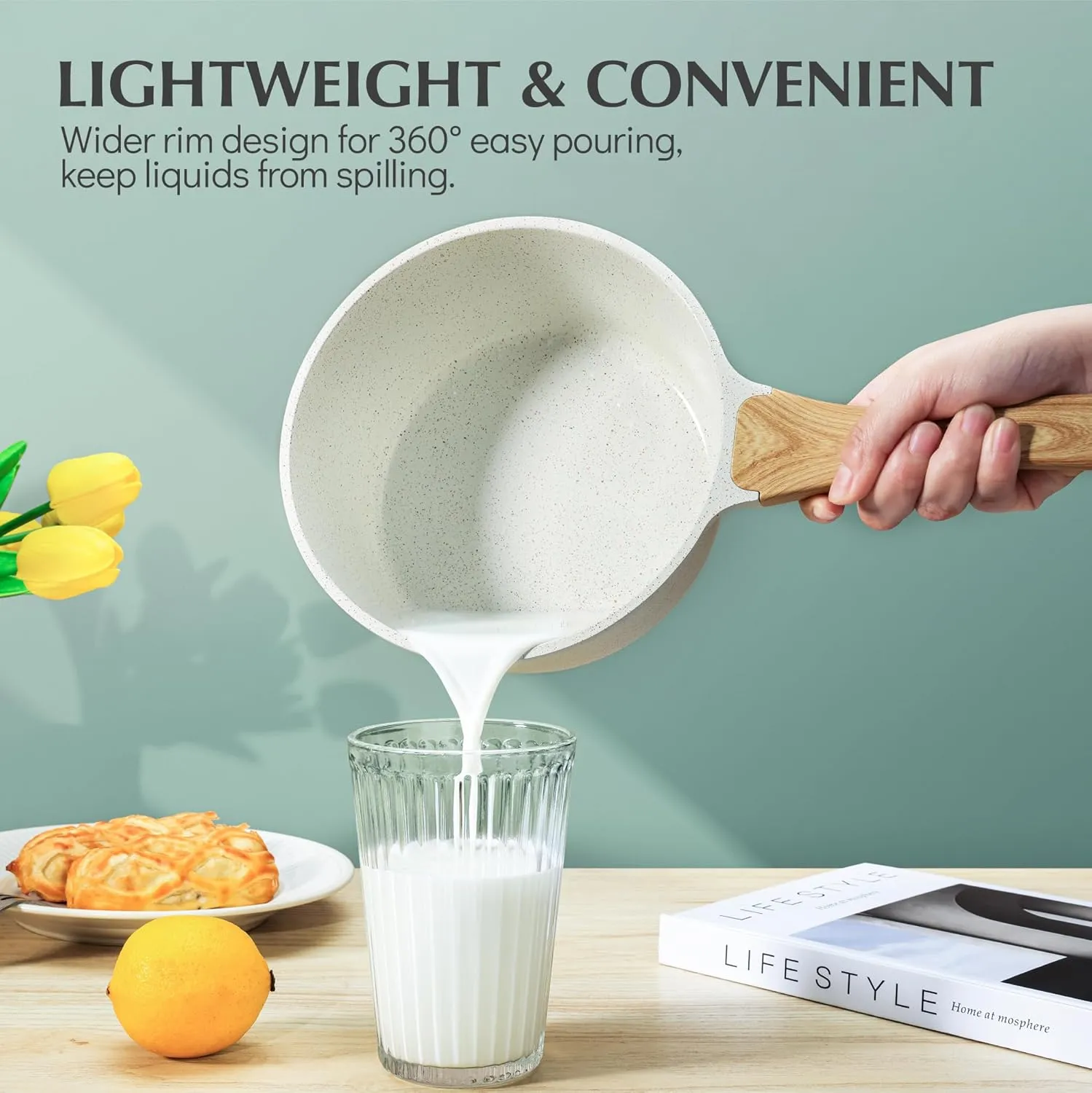 SENSARTE White Ceramic Nonstick Saucepan with Lid 2.0 Quarts, Small Cooking Pot with Stay Cool Handle, Induction Compatible Saucepot, White Granite Coating, PFOA/PFAS Free