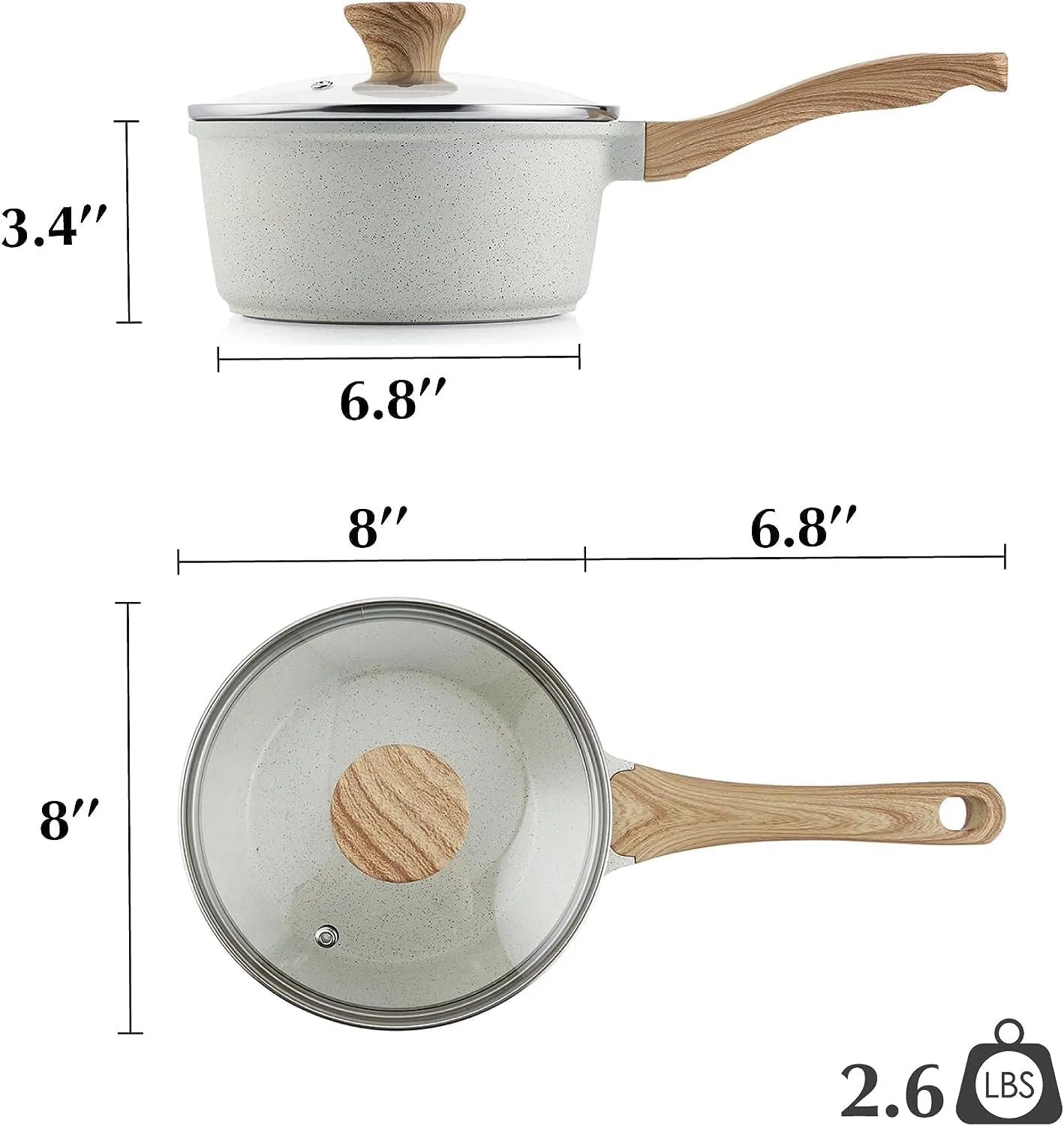 SENSARTE White Ceramic Nonstick Saucepan with Lid Set, Small Cooking Pot with Stay Cool Handle, Induction Compatible Saucepot, White Granite Coating, PFOA/PFAS Free, 2.0   2.5QT
