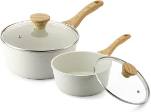 SENSARTE White Ceramic Nonstick Saucepan with Lid Set, Small Cooking Pot with Stay Cool Handle, Induction Compatible Saucepot, White Granite Coating, PFOA/PFAS Free, 2.0   2.5QT