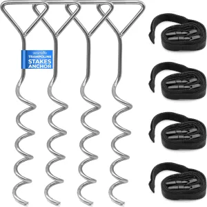 SereneLife Trampoline Anchor Kit - 4 Heavy-Duty Galvanized Steel Stakes and 4 Buckled Straps, 15.75"x3.66" Deformity-Resistant Handles, Spiral Ground Hooks for Tents, Swing Chairs, Soccer Goals