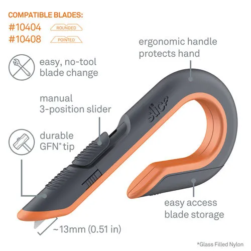 slice® Box Cutters, Double Sided, Replaceable, 1.29" Carbon Steel Blade, 7" Nylon Handle, Gray/Orange