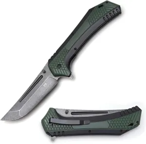 Snake Eye Tactical 12" Heavy Duty Stonewashed Blade Ultra Smooth One Hand Opening Folding Pocket Knife Limited Edition Collectors Knife - Ideal for Recreational Work Hiking Camping (Green)