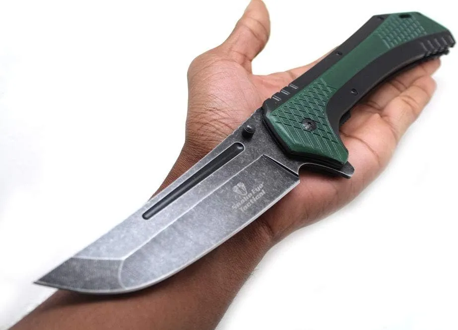 Snake Eye Tactical 12" Heavy Duty Stonewashed Blade Ultra Smooth One Hand Opening Folding Pocket Knife Limited Edition Collectors Knife - Ideal for Recreational Work Hiking Camping (Green)