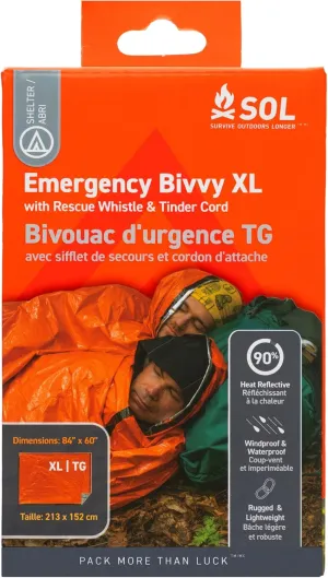 S.O.L. Survive Outdoors Longer SOL Emergency Bivvy XL w/Rescue Whistle - Reflects up to 90% Body Heat - Waterproof Emergency Blanket for Survival Gear - 84" x 60" - 5.8 oz - Orange