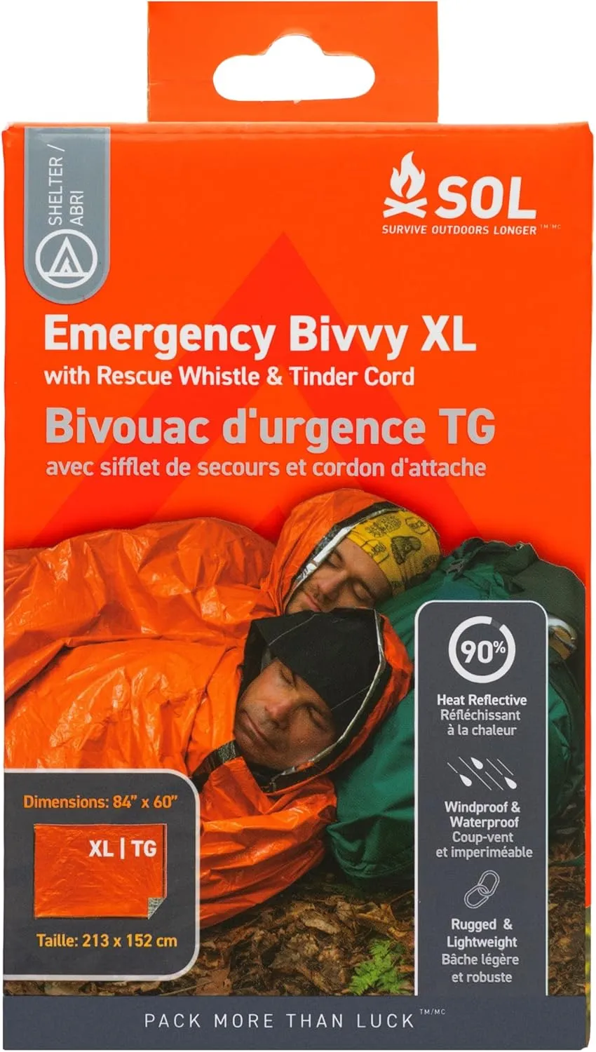 S.O.L. Survive Outdoors Longer SOL Emergency Bivvy XL w/Rescue Whistle - Reflects up to 90% Body Heat - Waterproof Emergency Blanket for Survival Gear - 84" x 60" - 5.8 oz - Orange