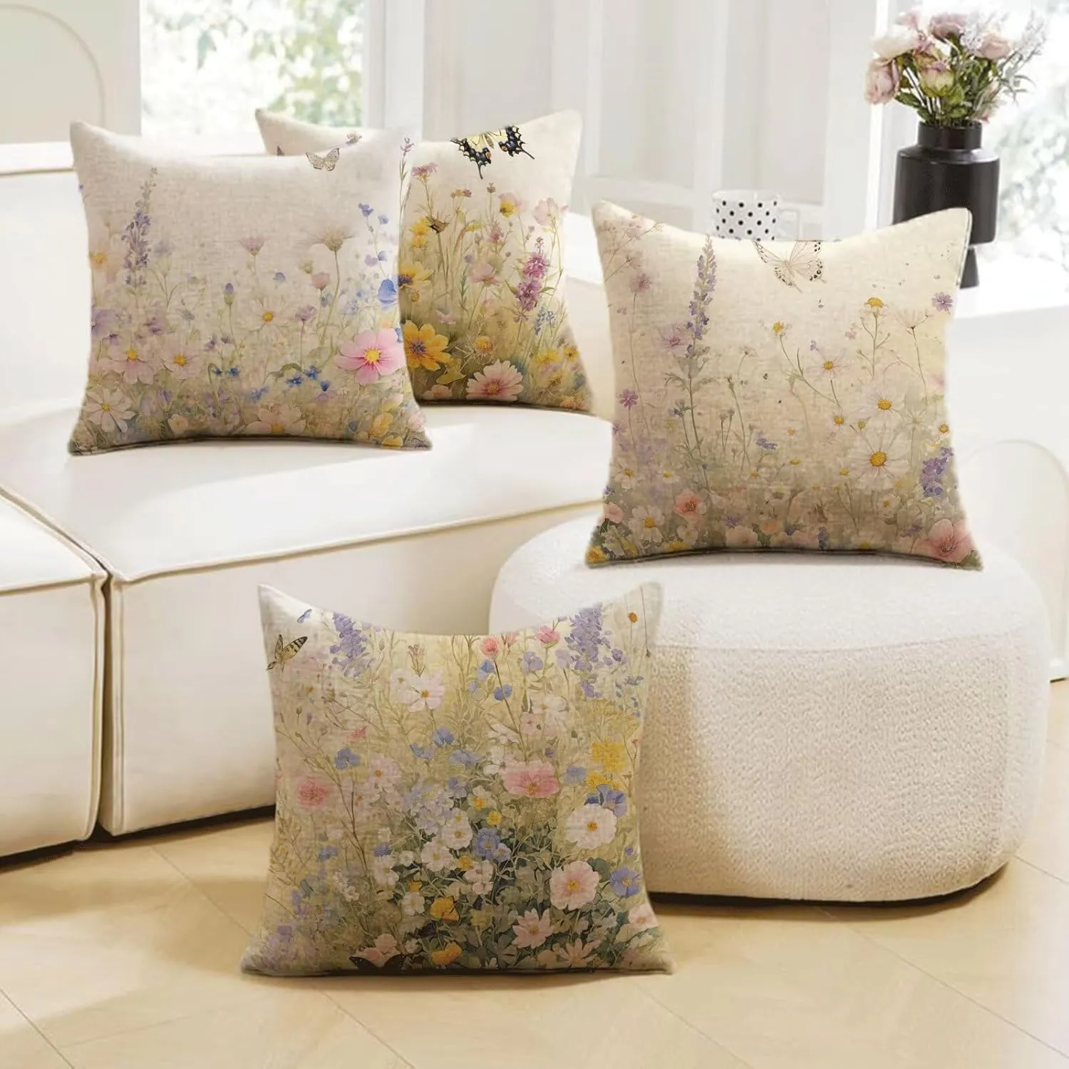 Spring Outdoor Pillows Waterproof, Flower Throw Pillow Covers 18x18 in Set of 4, Waterproof Velvet Decorative Cushion Covers for Patio Garden Porch Bench Chair Sofa Bed Indoor Home Room Decor MI-Z