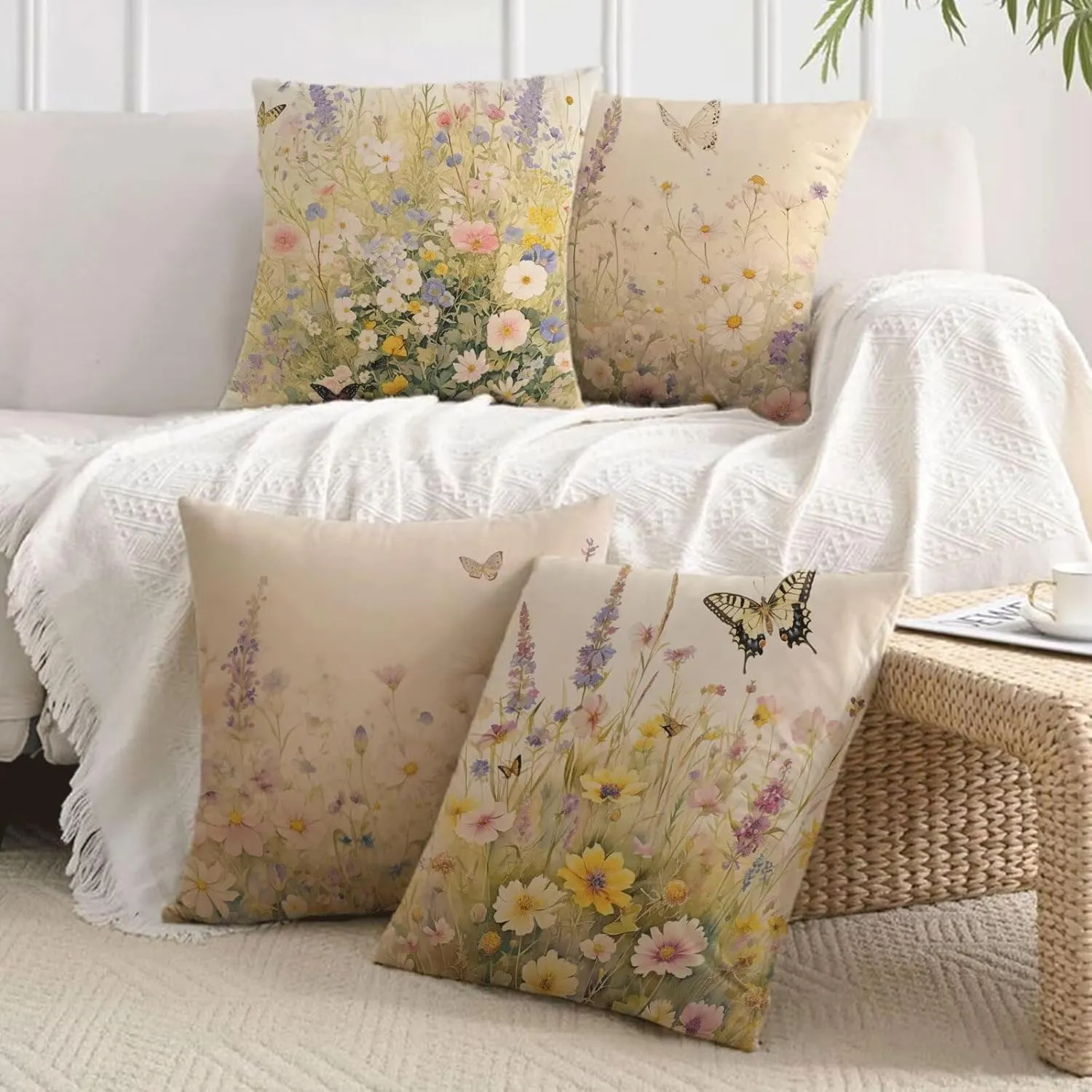Spring Outdoor Pillows Waterproof, Flower Throw Pillow Covers 18x18 in Set of 4, Waterproof Velvet Decorative Cushion Covers for Patio Garden Porch Bench Chair Sofa Bed Indoor Home Room Decor MI-Z