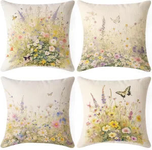 Spring Outdoor Pillows Waterproof, Flower Throw Pillow Covers 18x18 in Set of 4, Waterproof Velvet Decorative Cushion Covers for Patio Garden Porch Bench Chair Sofa Bed Indoor Home Room Decor MI-Z