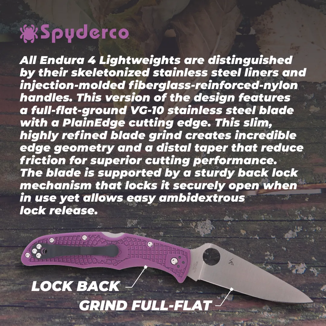 Spyderco Endura 4 Lightweight Purple Flat Ground 3.80" Plain Edge Folding Pocket Knife (C10FPPR)