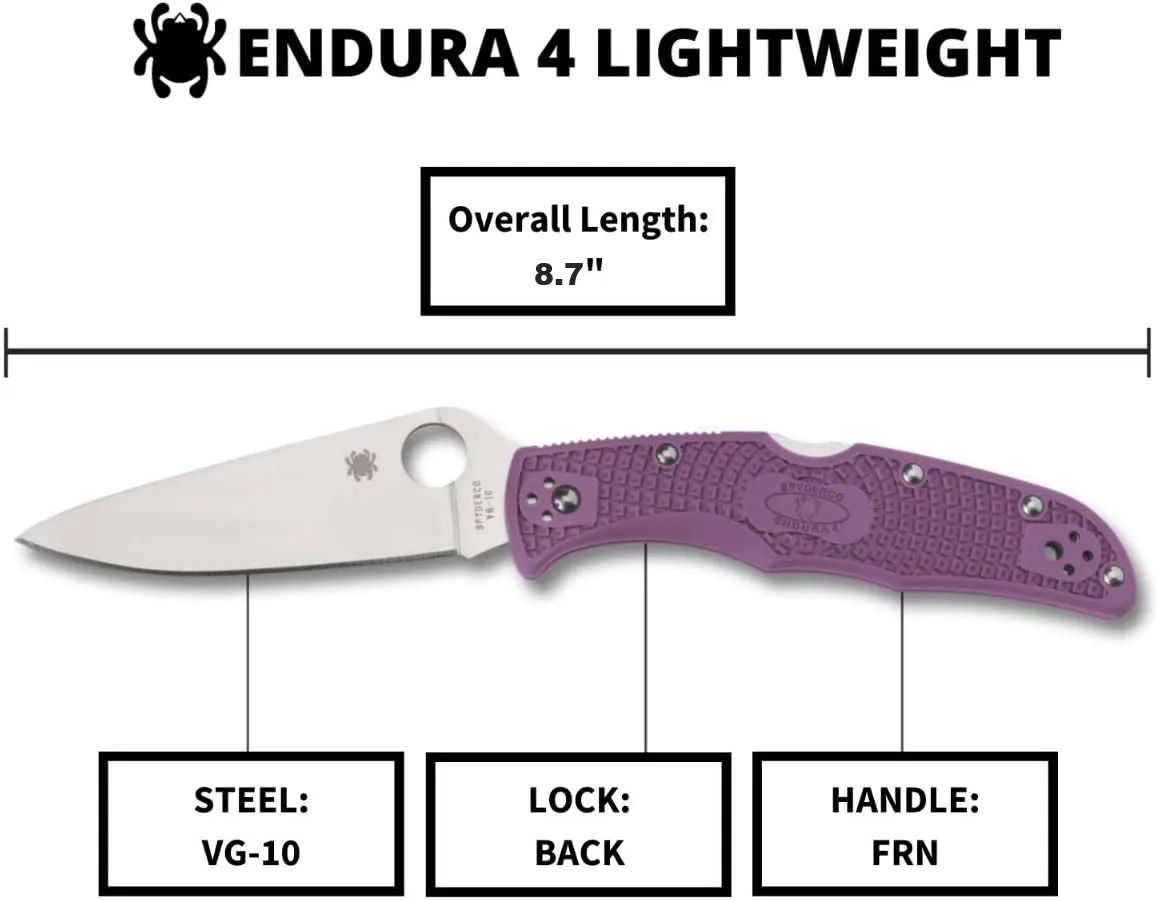 Spyderco Endura 4 Lightweight Purple Flat Ground 3.80" Plain Edge Folding Pocket Knife (C10FPPR)