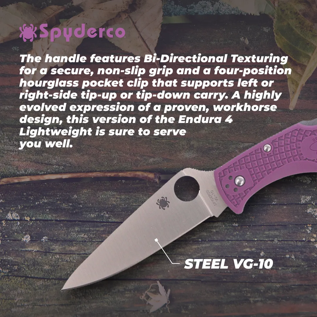 Spyderco Endura 4 Lightweight Purple Flat Ground 3.80" Plain Edge Folding Pocket Knife (C10FPPR)