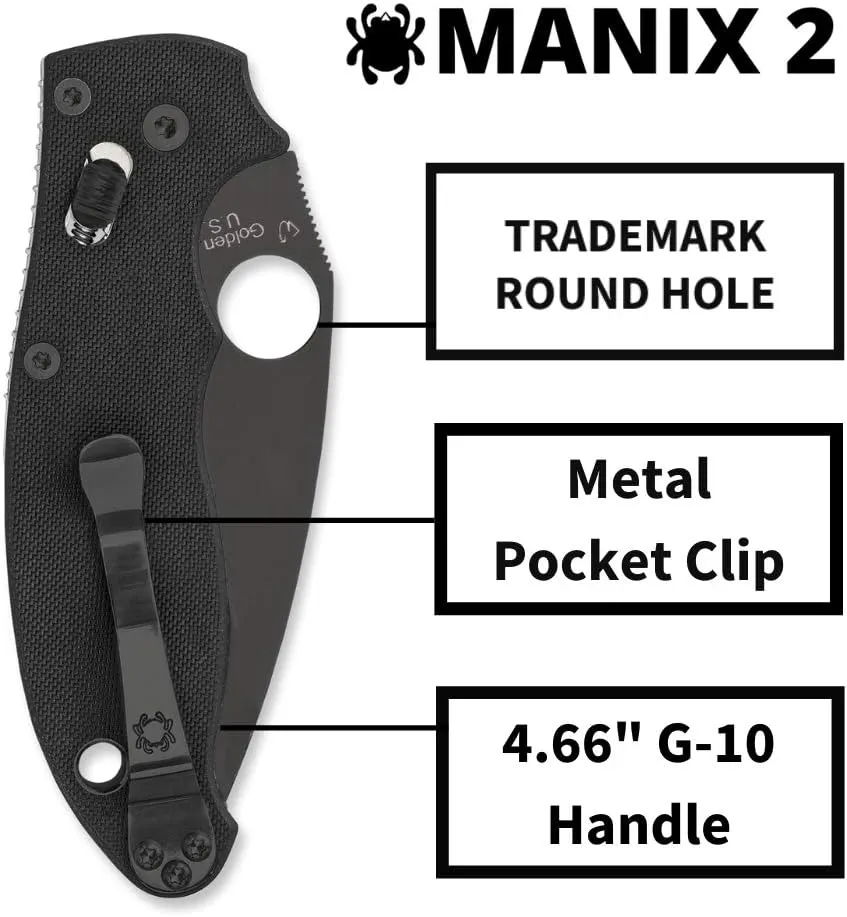 Spyderco Manix 2 Black G-10 Plain Edge 3.37" Folding Pocket Knife (C101GPBBK2)