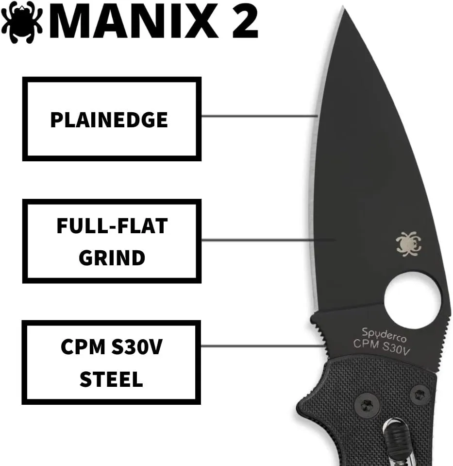 Spyderco Manix 2 Black G-10 Plain Edge 3.37" Folding Pocket Knife (C101GPBBK2)