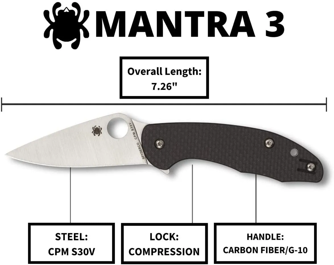 Spyderco Mantra 3 Premium Flipper PlainEdge Knife with Carbon Fiber G-10 Handle