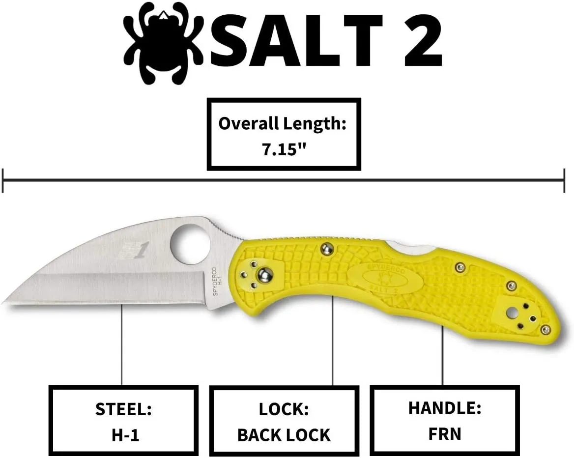 Spyderco Salt 2 Wharncliffe PlainEdge H1 Yellow FRN Back Lock Folding Knife