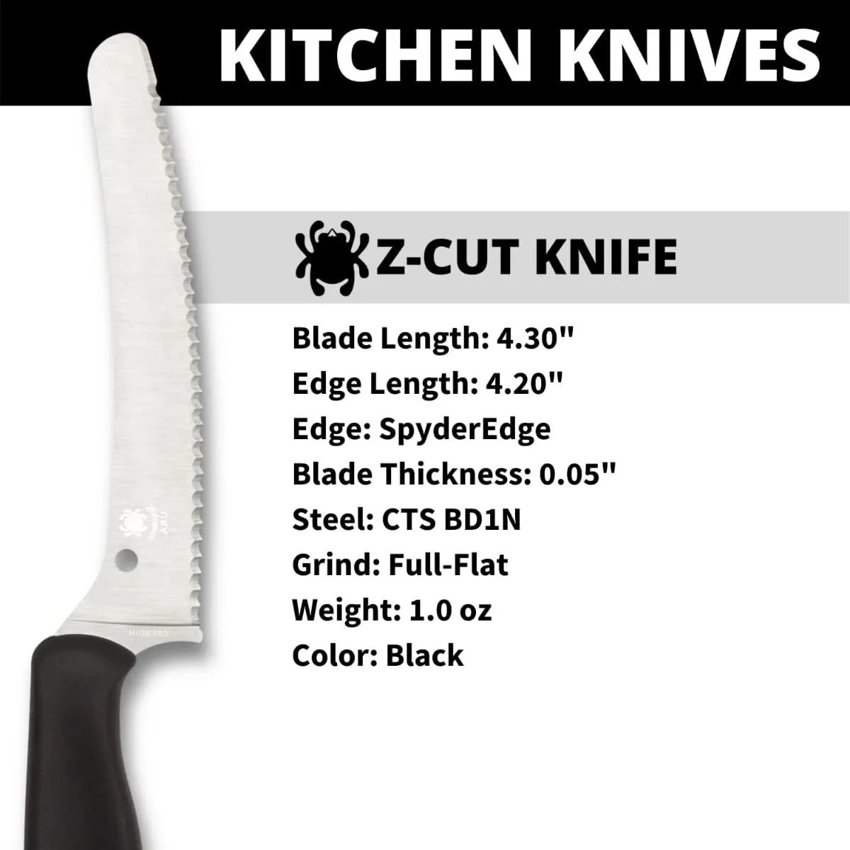 Spyderco Z-Cut Kitchen Knife with 4.3" Blunt Tip CTS BD1N Stainless Steel Blade and Durable Black Polypropylene Handle - SpyderEdge - K13SBK