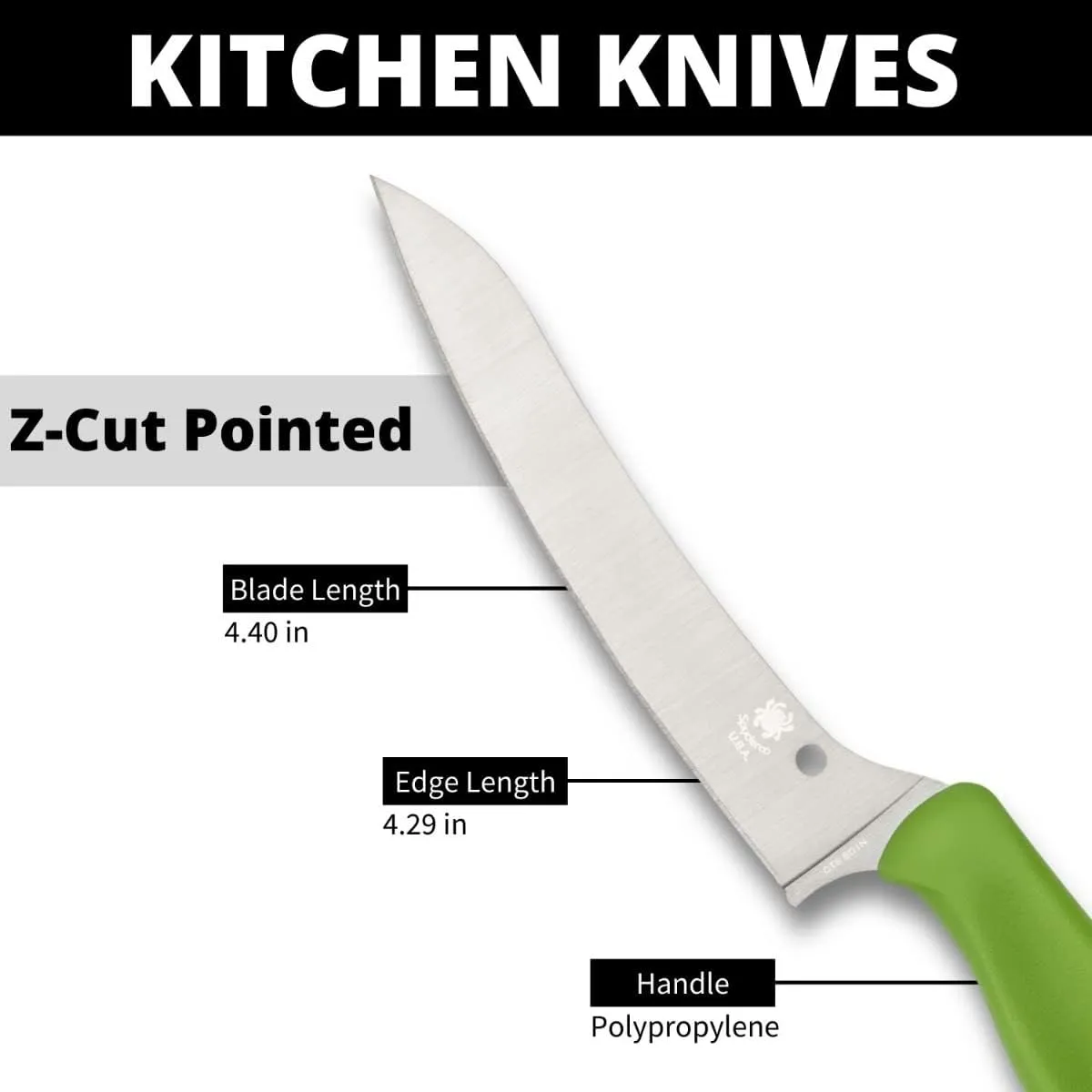 Spyderco Z-Cut Kitchen Knife with 4.4" Pointed Tip CTS BD1N Stainless Steel Blade and Durable Green Polypropylene Handle - PlainEdge - K14PGN