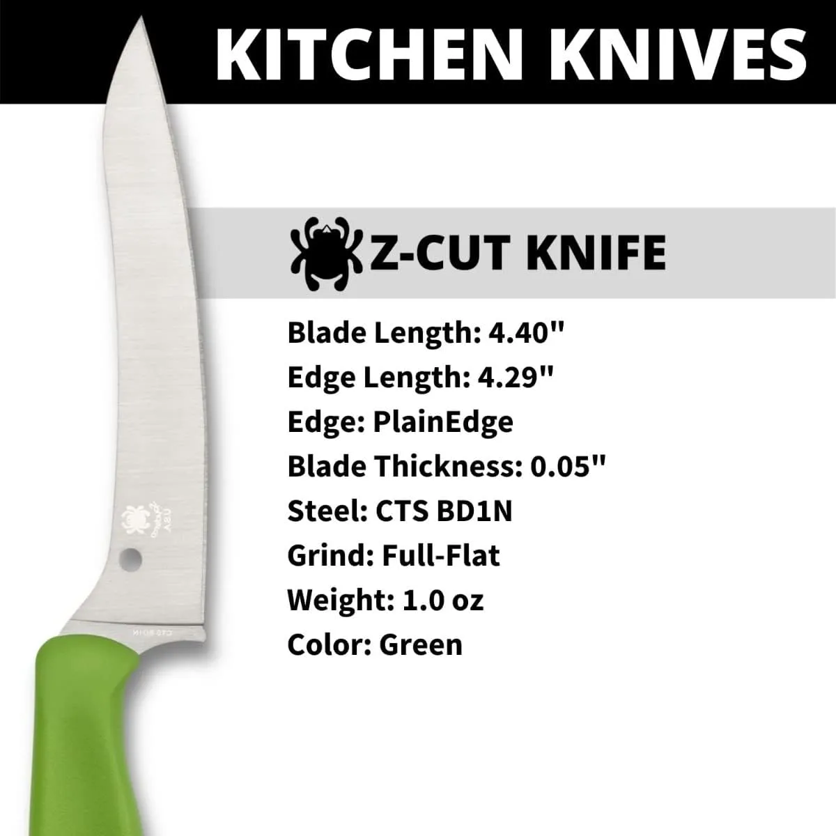 Spyderco Z-Cut Kitchen Knife with 4.4" Pointed Tip CTS BD1N Stainless Steel Blade and Durable Green Polypropylene Handle - PlainEdge - K14PGN