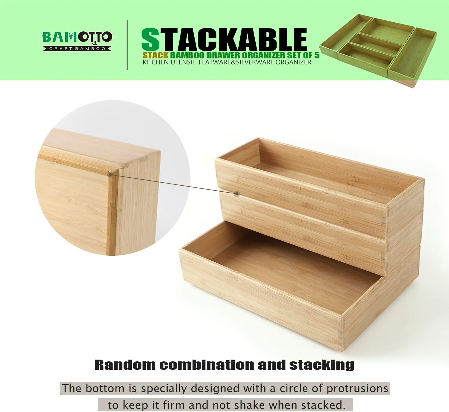 Stack Bamboo Drawer Organizer Set of 5, Kitchen Utensil, Flatware&Silverware Organizer-Wood Laminated Stackable for Kitchen, Bedroom, 13.4''x4.5''*2 10.2''x3.3''*2 10.2''x6.7''*1