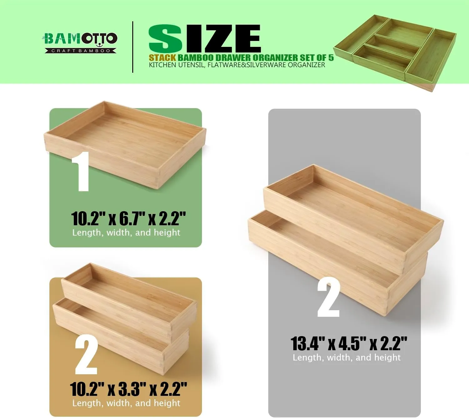 Stack Bamboo Drawer Organizer Set of 5, Kitchen Utensil, Flatware&Silverware Organizer-Wood Laminated Stackable for Kitchen, Bedroom, 13.4''x4.5''*2 10.2''x3.3''*2 10.2''x6.7''*1