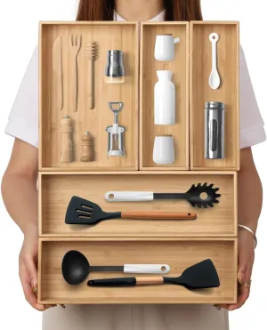 Stack Bamboo Drawer Organizer Set of 5, Kitchen Utensil, Flatware&Silverware Organizer-Wood Laminated Stackable for Kitchen, Bedroom, 13.4''x4.5''*2 10.2''x3.3''*2 10.2''x6.7''*1