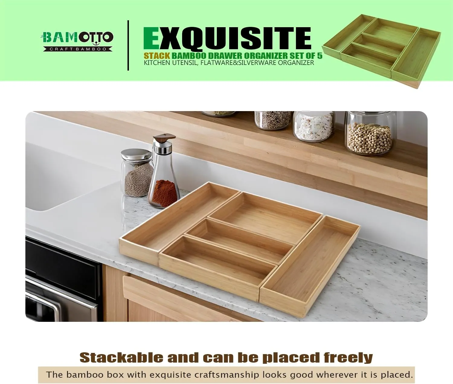 Stack Bamboo Drawer Organizer Set of 5, Kitchen Utensil, Flatware&Silverware Organizer-Wood Laminated Stackable for Kitchen, Bedroom, 13.4''x4.5''*2 10.2''x3.3''*2 10.2''x6.7''*1