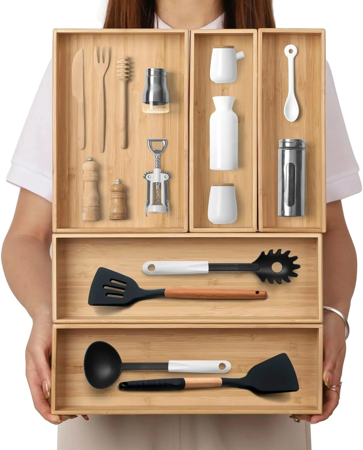 Stack Bamboo Drawer Organizer Set of 5, Kitchen Utensil, Flatware&Silverware Organizer-Wood Laminated Stackable for Kitchen, Bedroom, 13.4''x4.5''*2 10.2''x3.3''*2 10.2''x6.7''*1
