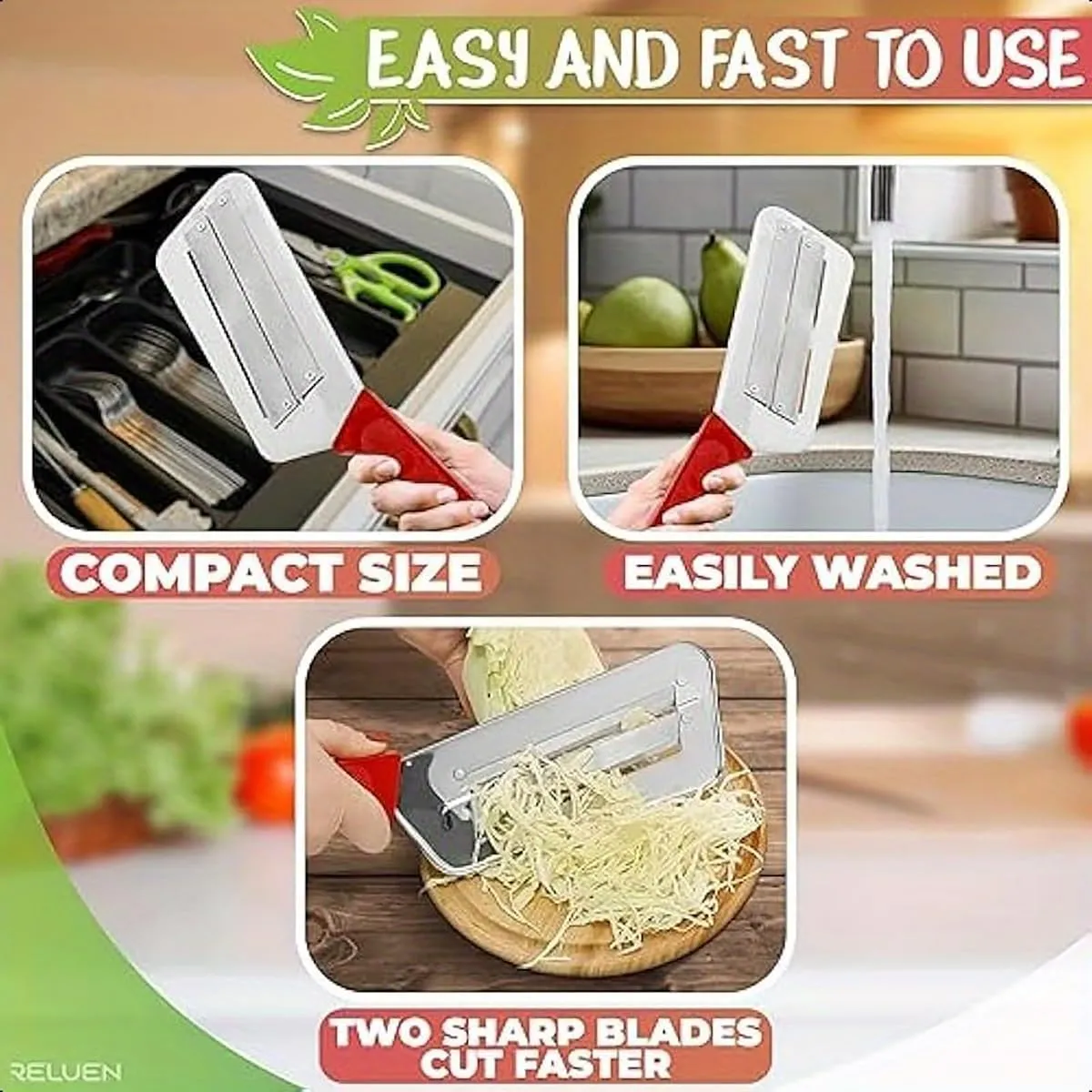 Stainless Steel Cabbage Shredder 2-Pack – Durable Lettuce & Veggie Shredder Knife for Coleslaw, Salads, 11.7" Sharp Blade, Rust-Proof, Dishwasher Safe (Set C)