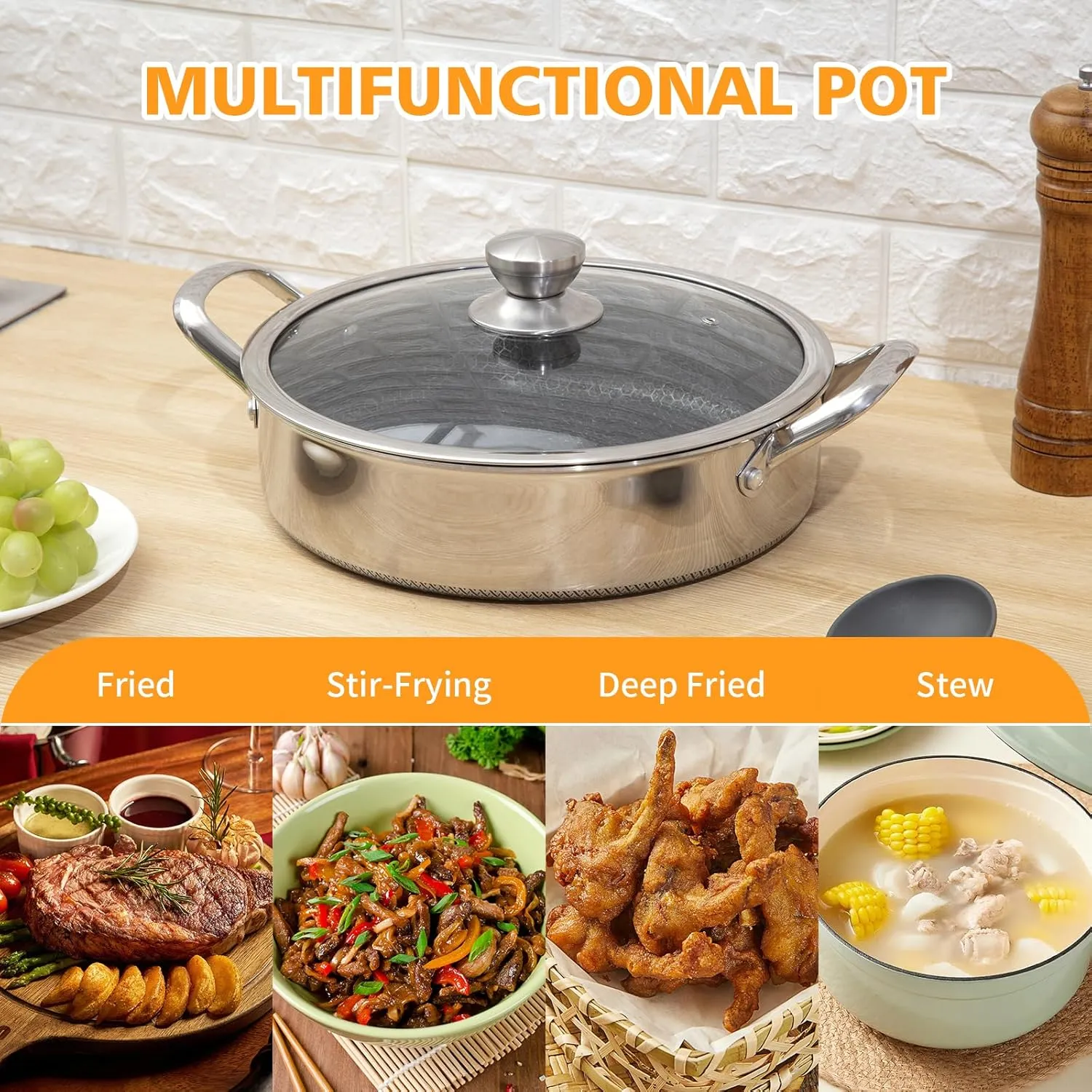 Stainless Steel Saute Pan 12 inch Deep Frying Pan,5 Quarts Nonstick Skillet Large Sauté Pan with Lid,PFOA Free Cookware,Induction Compatible Chef Cooking Pan,Dishwasher & Oven Safe