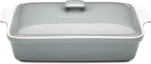 Stoneware Casserole Dish Bakeware Set with Lid, Covered Rectangular Dinnerware, Large 3.2 Quart, 11 by 9 Inch, Grigio [Grey]
