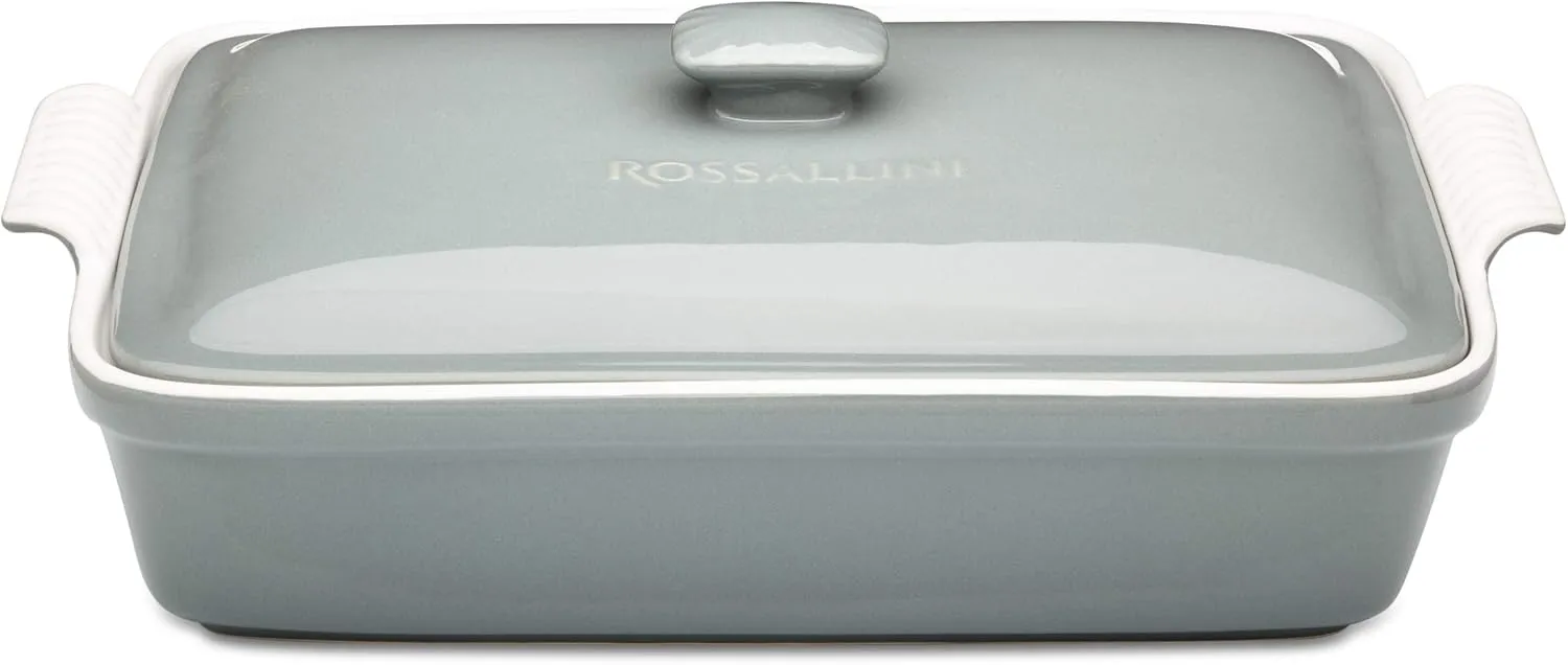 Stoneware Casserole Dish Bakeware Set with Lid, Covered Rectangular Dinnerware, Large 3.2 Quart, 11 by 9 Inch, Grigio [Grey]