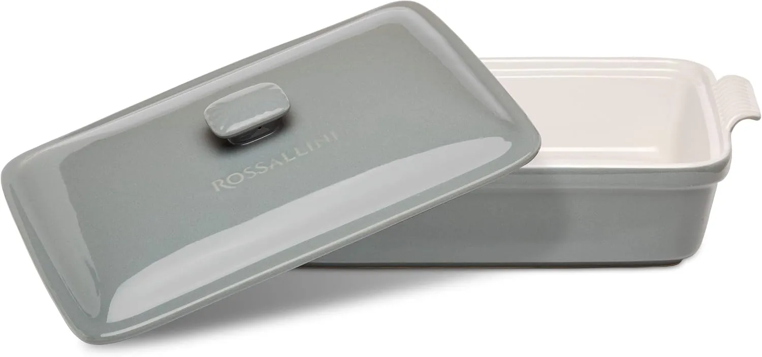 Stoneware Casserole Dish Bakeware Set with Lid, Covered Rectangular Dinnerware, Large 3.2 Quart, 11 by 9 Inch, Grigio [Grey]