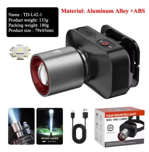Super Bright Zoom Alloy LED Headlight USB Rechargeable Long Range Outdoor Light Flashlight