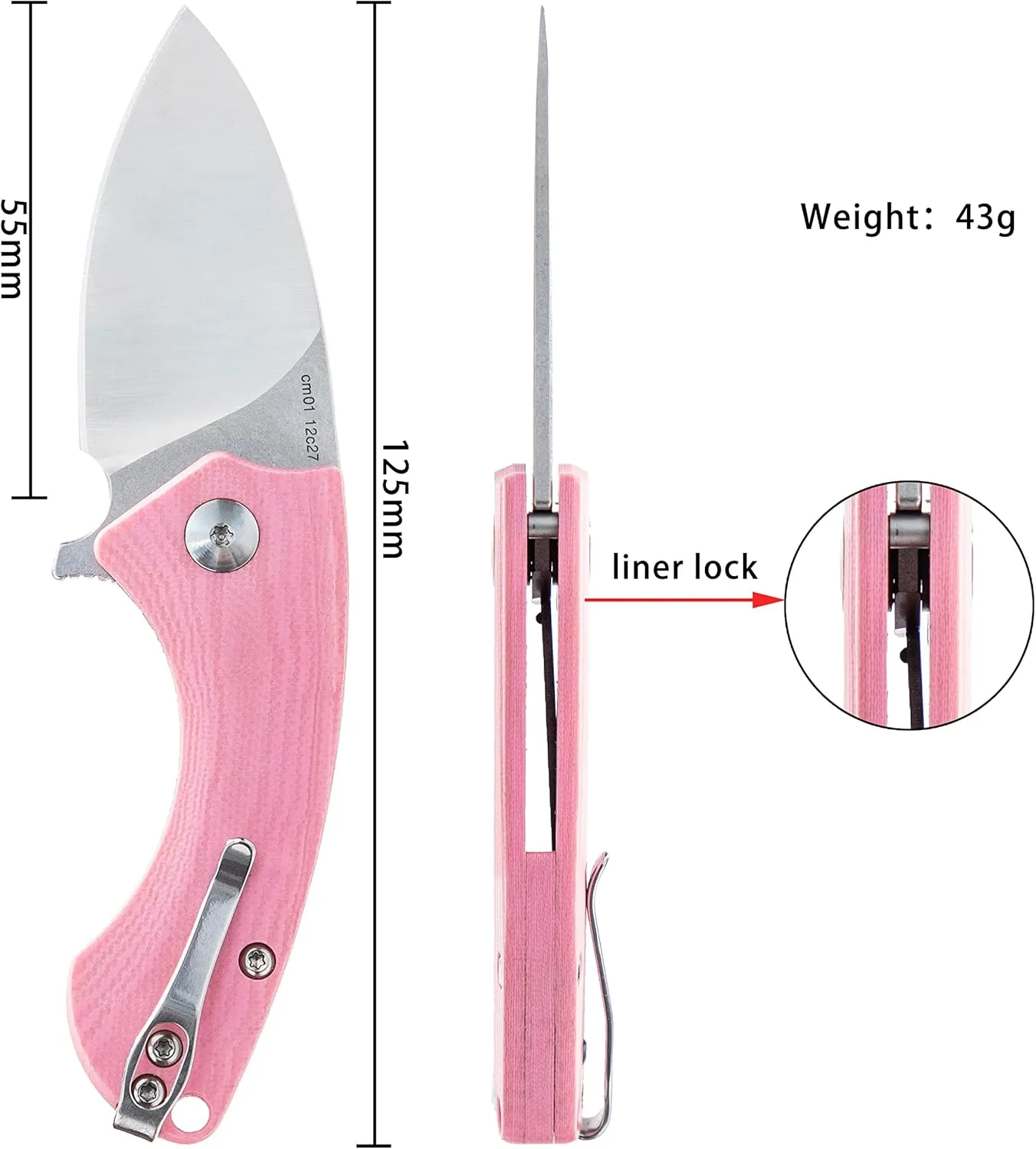 TACRAY Liner Locking Knife, Compact Utility Folding Pocket Knife with Clip, Easy to Carry Daily, Three Colors Available(pink)