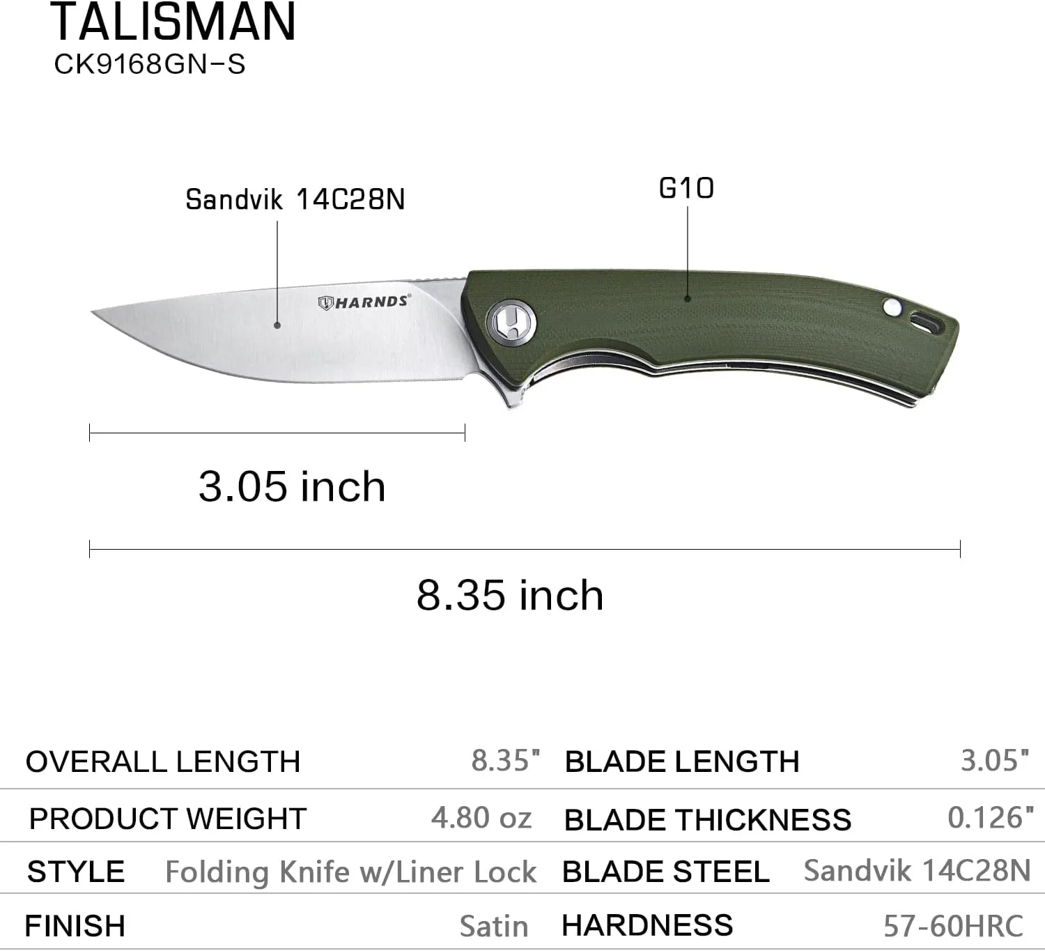 Talisman CK9168 Pocket Knife with Ball Bearing Pivot System Folding Knife with G10 Handle Pocketclip (armygreen handle)