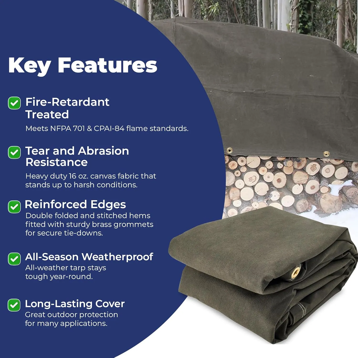 Tarps Now 10x20 ft Fire Retardant Canvas Tarp | 18 MIL Heavy Duty, Flame Retardant, Tear Resistance, Reinforced Edges, Brass Grommets | Ideal for Fire Prevention, Construction, Repairs | Olive Color