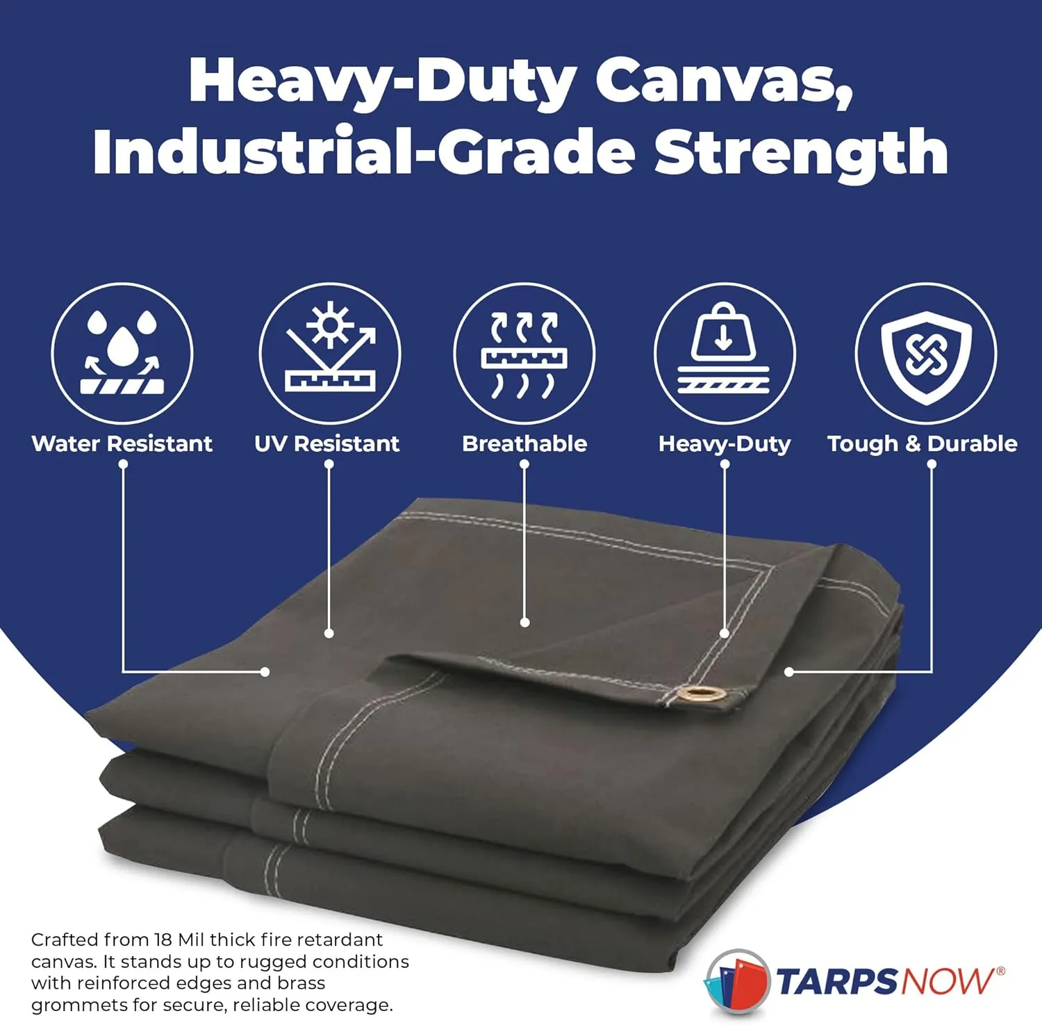 Tarps Now 10x20 ft Fire Retardant Canvas Tarp | 18 MIL Heavy Duty, Flame Retardant, Tear Resistance, Reinforced Edges, Brass Grommets | Ideal for Fire Prevention, Construction, Repairs | Olive Color