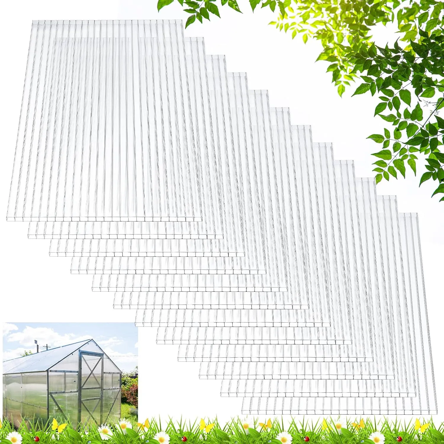 Tatuo 5 Pack 6' x 2' x 0.16'' Polycarbonate Greenhouse Panels Polycarbonate Sheets Twin-Wall Roof Panels Waterproof UV Protected Clear Corrugated Plastic Roofing for Greenhouse Replacement