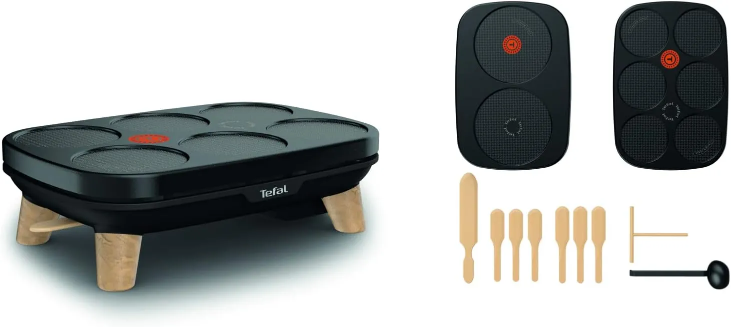 Tefal Gourmet PY900D12 Set of 2 Dismountable Non-Stick Adjustable Temperature Multi-Use Plates for Crepes, Galettes, Pancakes, Naan, Fajitas, Saucepan, Mixing Dispenser, Spatulas