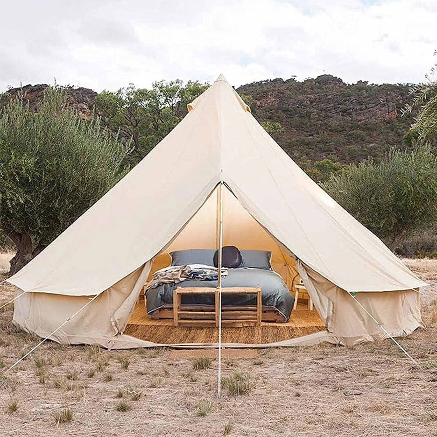 Tent Canvas Tent with Stove Hole Cotton Canvas Tents Yurt Tent for Camping 4-Season Waterproof Tent foFamily Camping Outdoor Glamping Luxury Teepee Beautiful Scenery (B 4M)