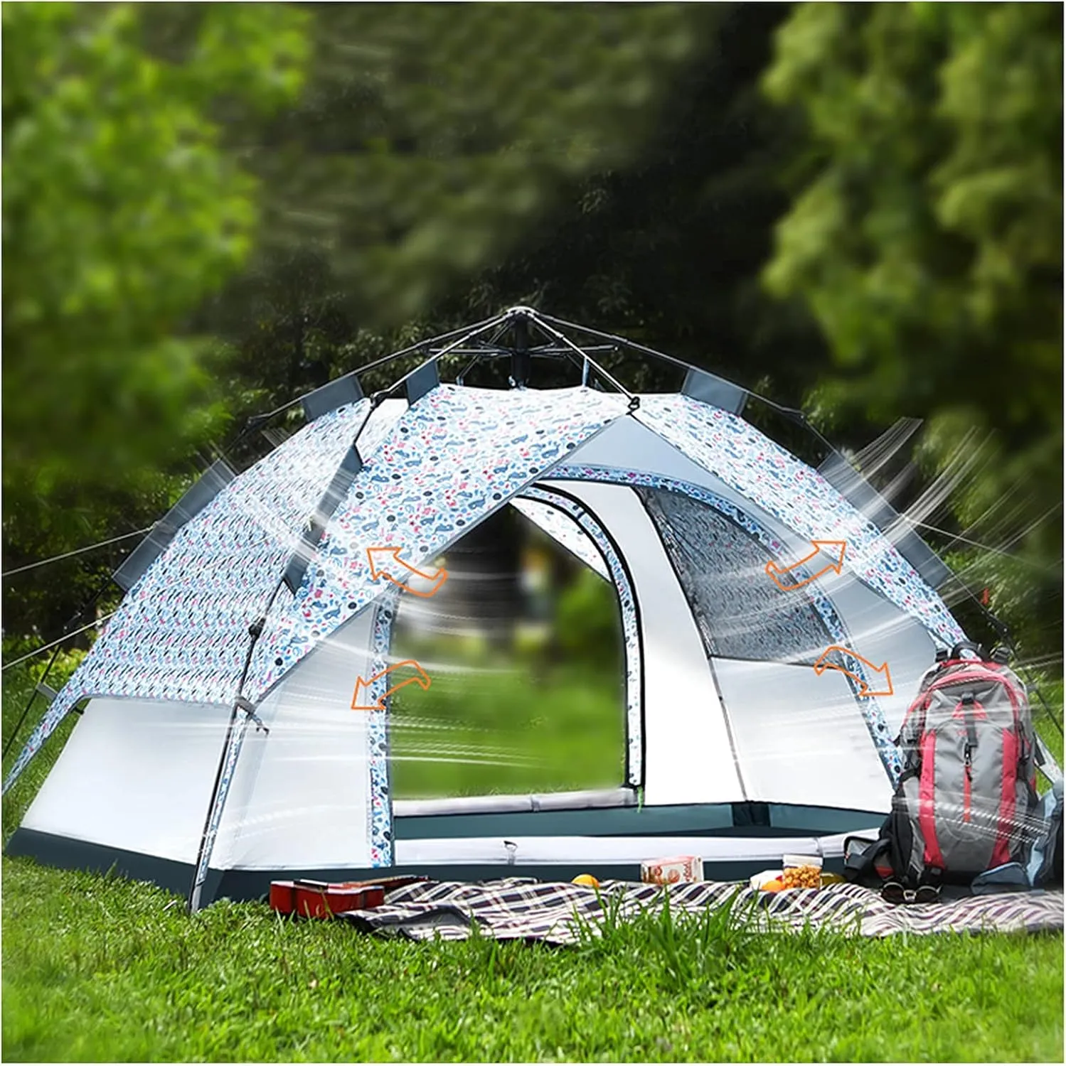 Tent Outdoor Camping Outing 3 in 1 Pop Up Camping Tents, Bohemian Style Large 3-4 People Outdoor Tent Portable Automatic Double Layer Dome Tent Automatic Camping Tent