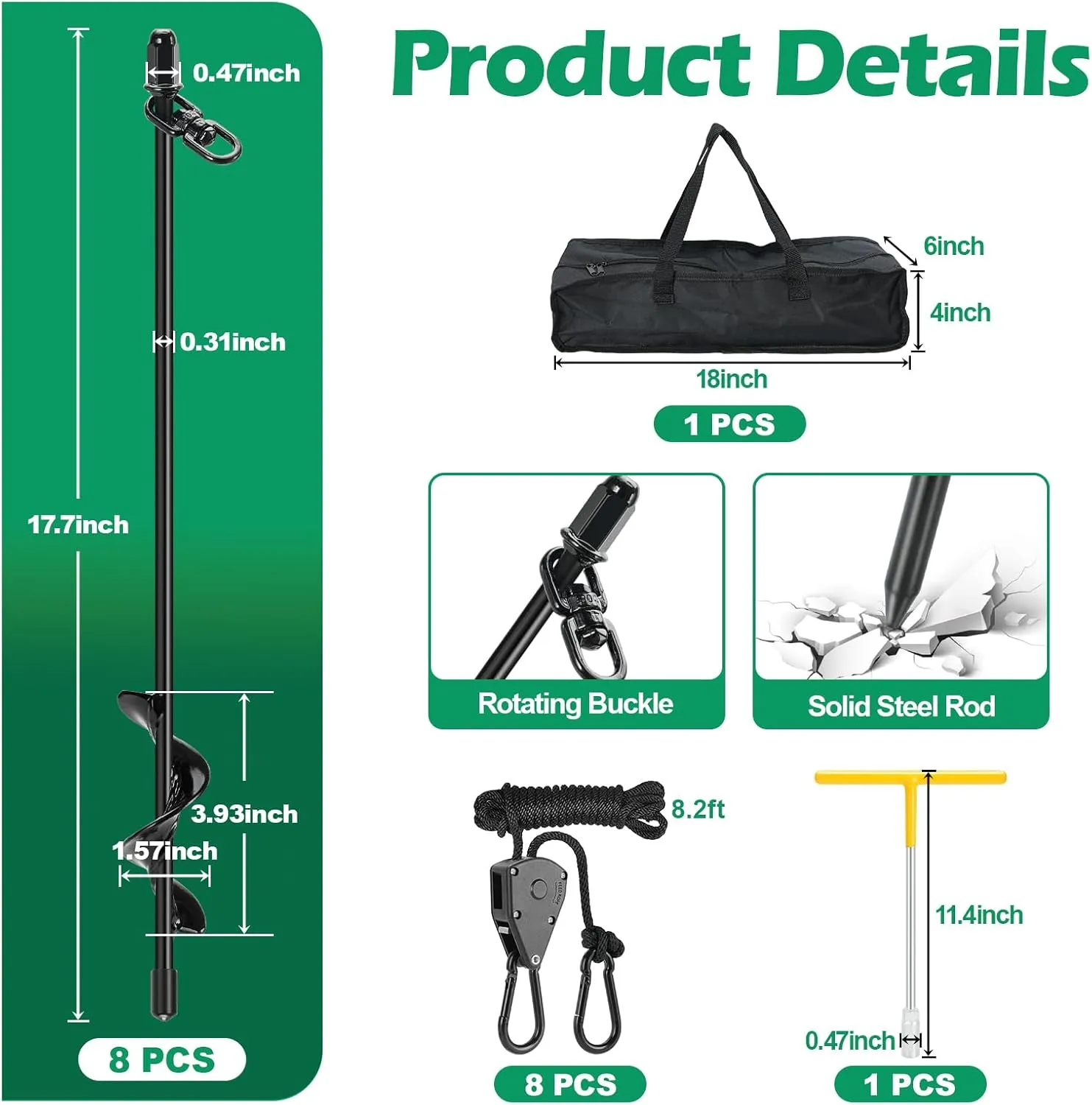 Tent Stakes Heavy Duty, 8 Pack 17.7" Ground Anchors Screw in, Trampoline Stake with 8 Adjustable RV Awning Tie Down Ratchet Straps for High Winds, Spiral Anchors Kit for Camping Swing Set Canopy Sheds