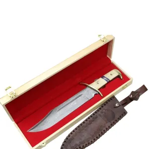 TheBoneEdge 16.5" Damascus Blade Horn Handle Hunting Knives with Leather Sheath