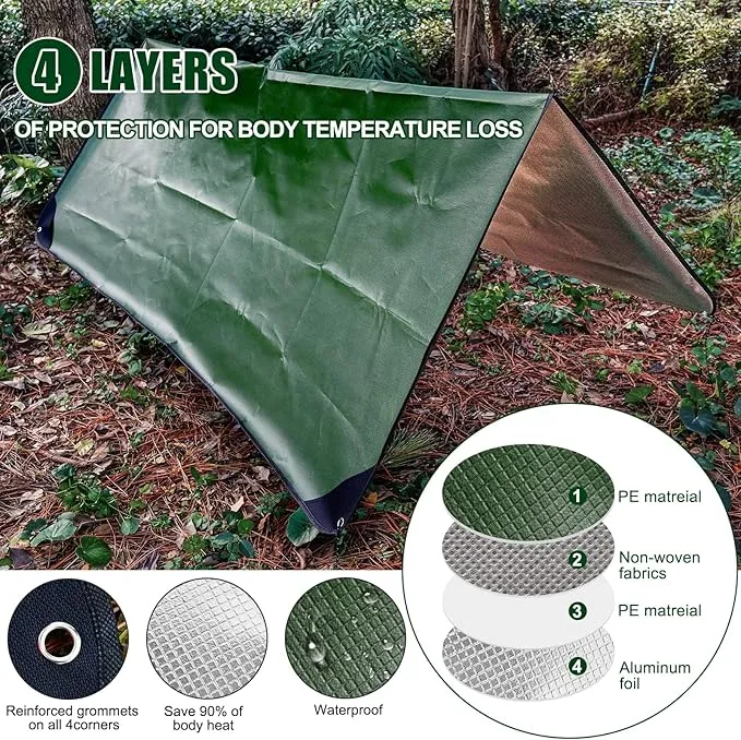 Thermal Tarp Survival Shelter Insulated Blanket Reflective 4×7 Ft, All-Weather Space Blankets Emergency Foil Mylar Thermal Blanket for Outdoor Car, Camping, Hiking and Shelter - Green