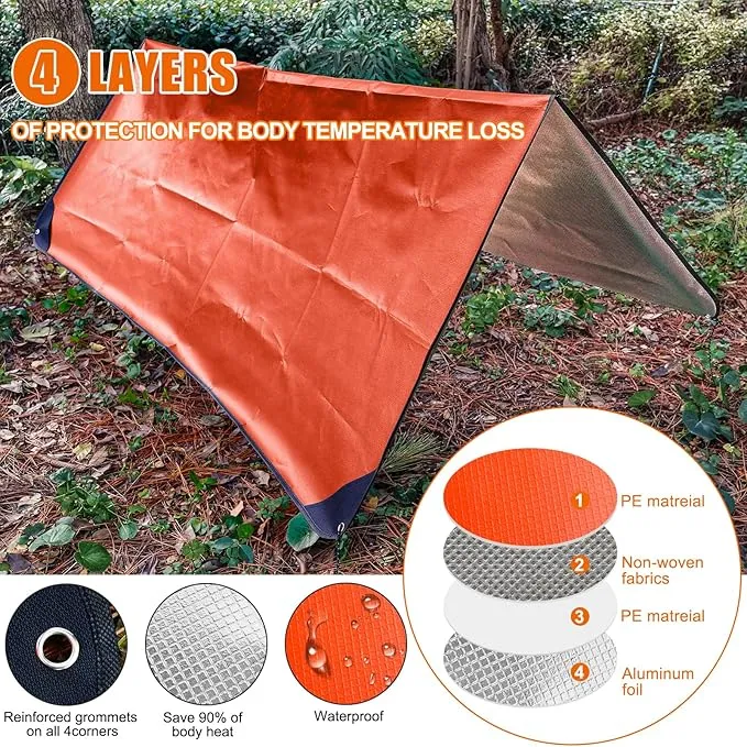 Thermal Tarp Survival Shelter Insulated Blanket Reflective 4×7 Ft, All-Weather Space Blankets Emergency Foil Mylar Thermal Blanket for Outdoor Car, Camping, Hiking and Shelter - Orange
