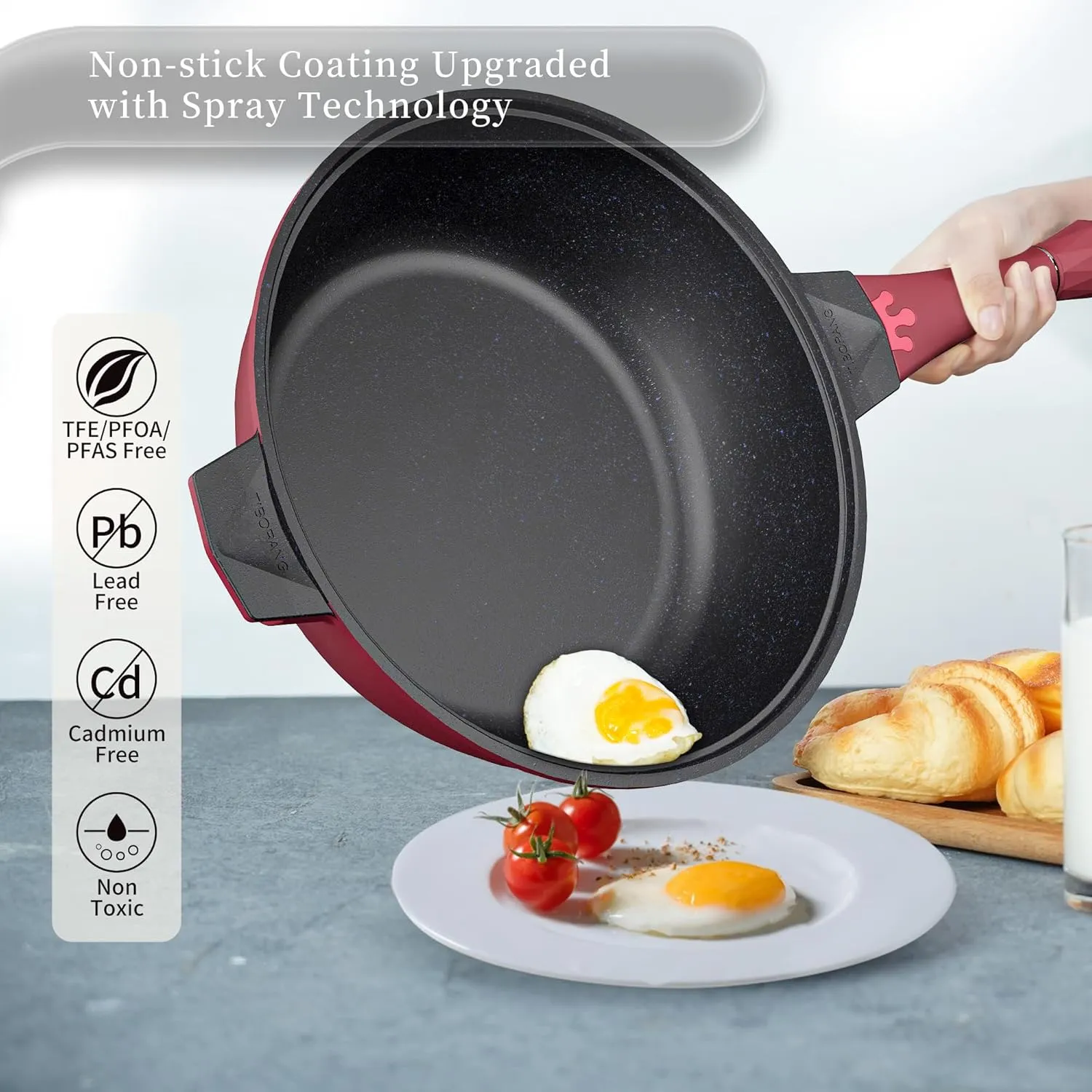 TIBORANG 8 in 1 Multipurpose 11 Inch 5 Quart Heat Indicator Nonstick Deep Frying Pan with Glass Lid,Stay-cool Handle,Steamed Grid,PFOA-Free,Dishwasher&Oven Safe,Works with All Stovetops(Ruby Red)