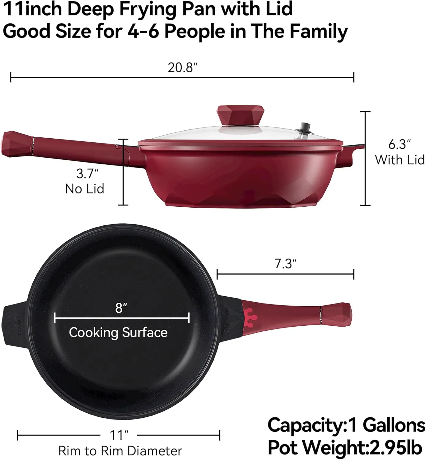 TIBORANG 8 in 1 Multipurpose 11 Inch 5 Quart Heat Indicator Nonstick Deep Frying Pan with Glass Lid,Stay-cool Handle,Steamed Grid,PFOA-Free,Dishwasher&Oven Safe,Works with All Stovetops(Ruby Red)
