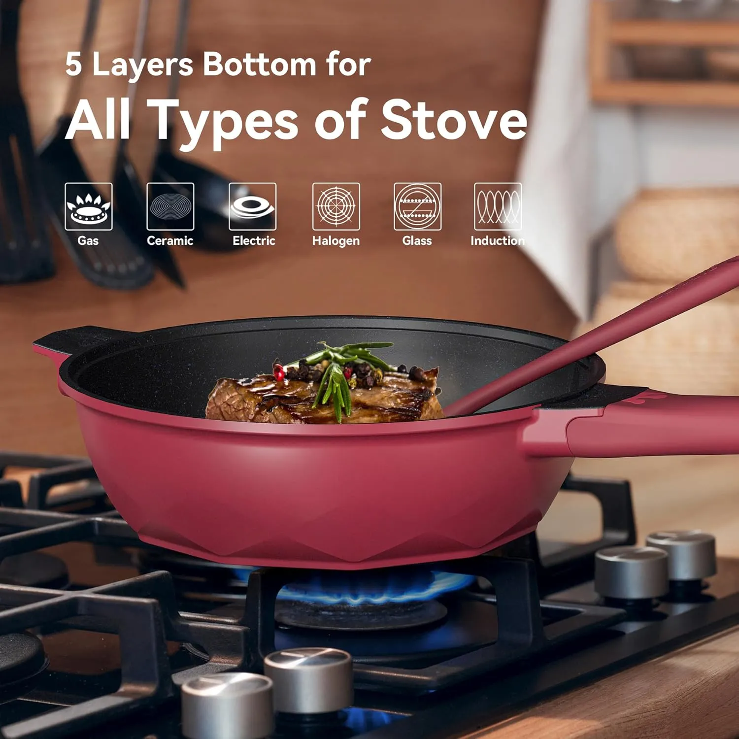 TIBORANG 8 in 1 Multipurpose 11 Inch 5 Quart Heat Indicator Nonstick Deep Frying Pan with Glass Lid,Stay-cool Handle,Steamed Grid,PFOA-Free,Dishwasher&Oven Safe,Works with All Stovetops(Ruby Red)